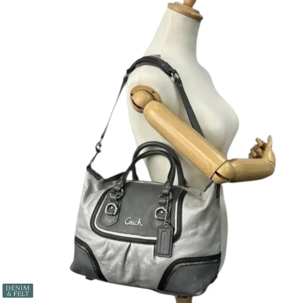 Coach Leather‎ Satchel Gray & Black Tote Bag with Pink Lining & Top Handles